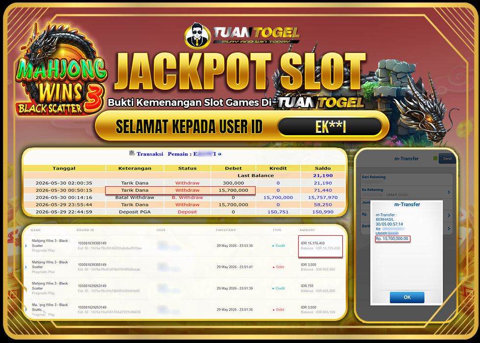TUANTOGEL JACKPOT SLOT MAHJONG WINS 3 -BLACK SCATTER Rp15.700.000,- LUNAS